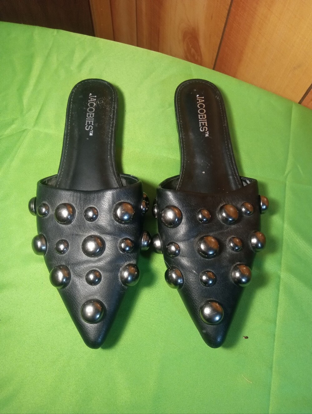 Jacobies Black Pointed Toe Studded Slide Mules